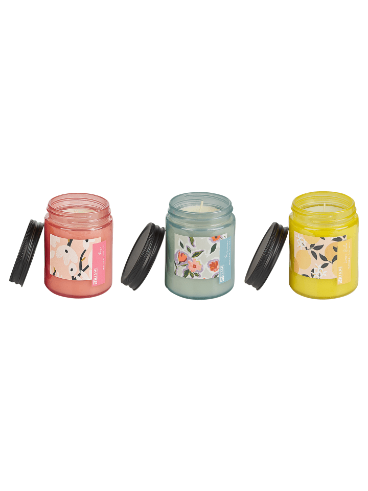 3er-Set Kerze FRUITY BLOOM in Rosa/Blau/Gelb
