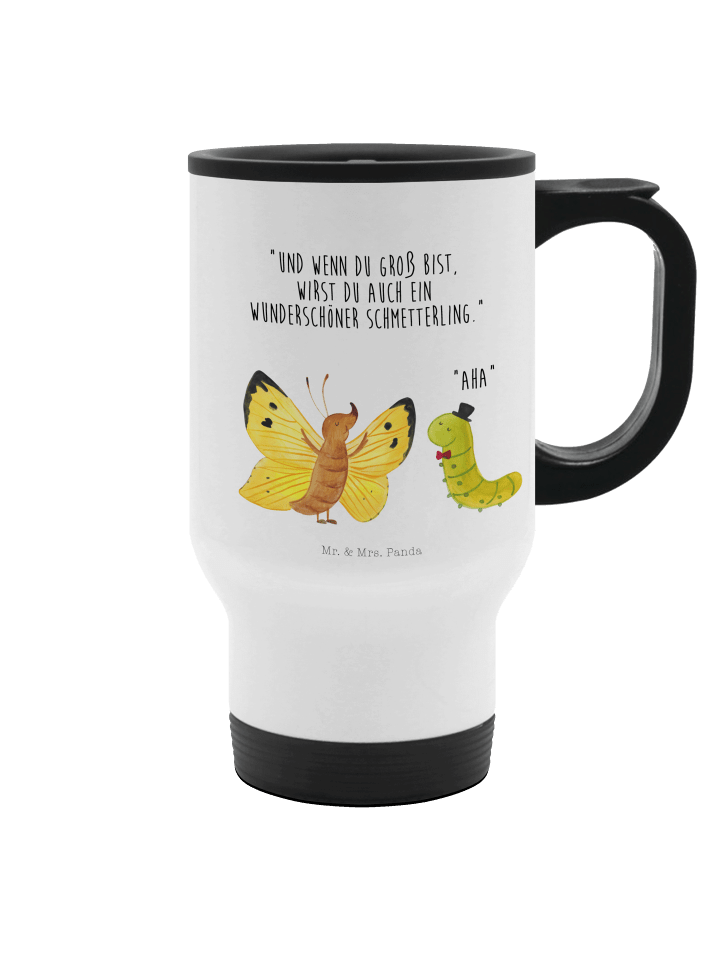 Kaffeebecher Raupe Schmetterling mit Spruch in Weiß