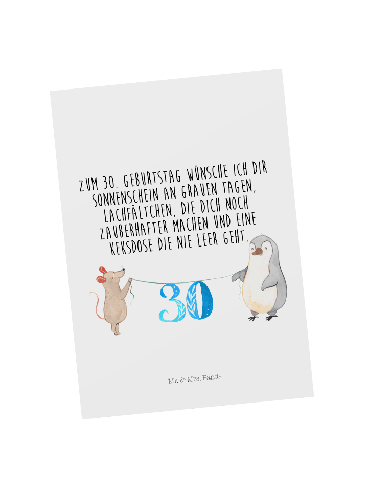 Postkarte 30. Geburtstag Maus Pinguin mit Spruch in Weiß