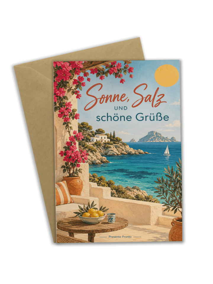 Grußkarte Insel sonnig Design mit Spruch in Weiß