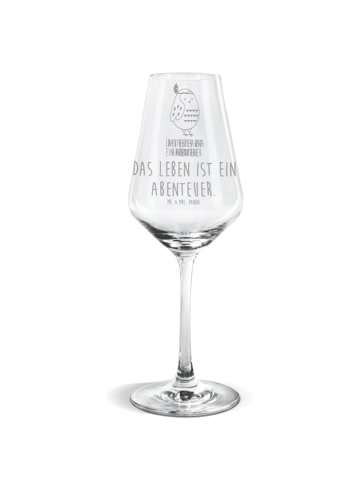 Weinglas Eule Federschmuck mit Spruch in Transparent