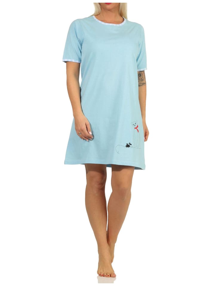 Nachthemd kurzes Bigshirt KatzenApplikation - 65278 in hellblau