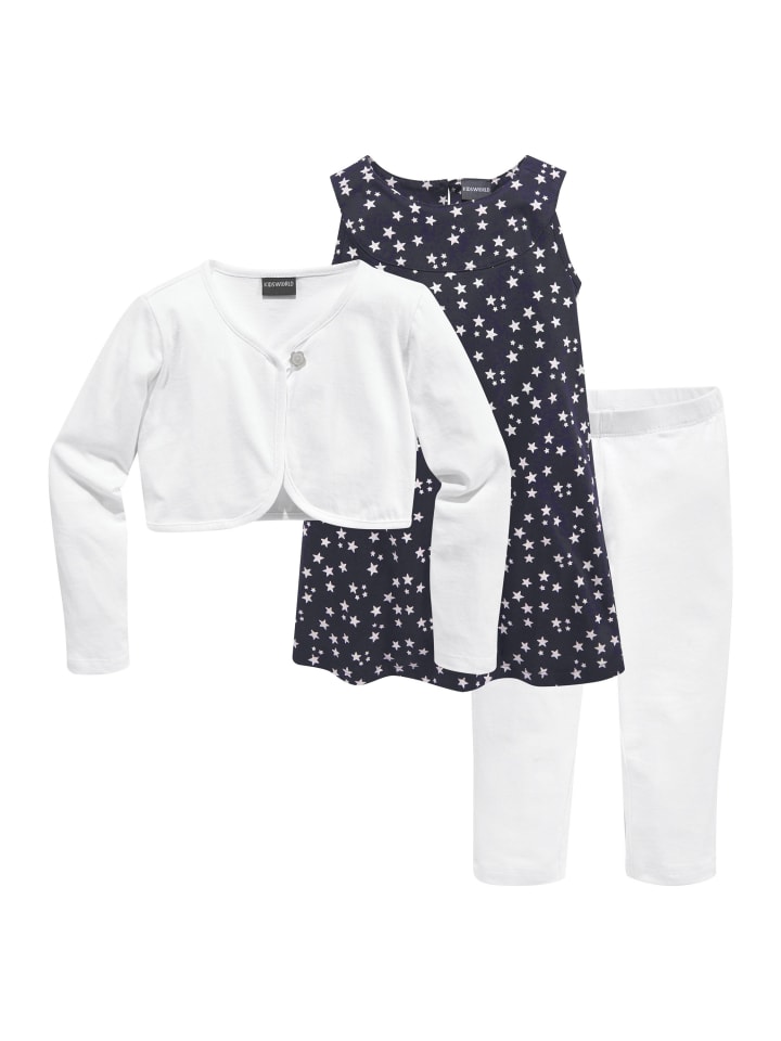Bolero, Kleid & Leggings in blau / weiß