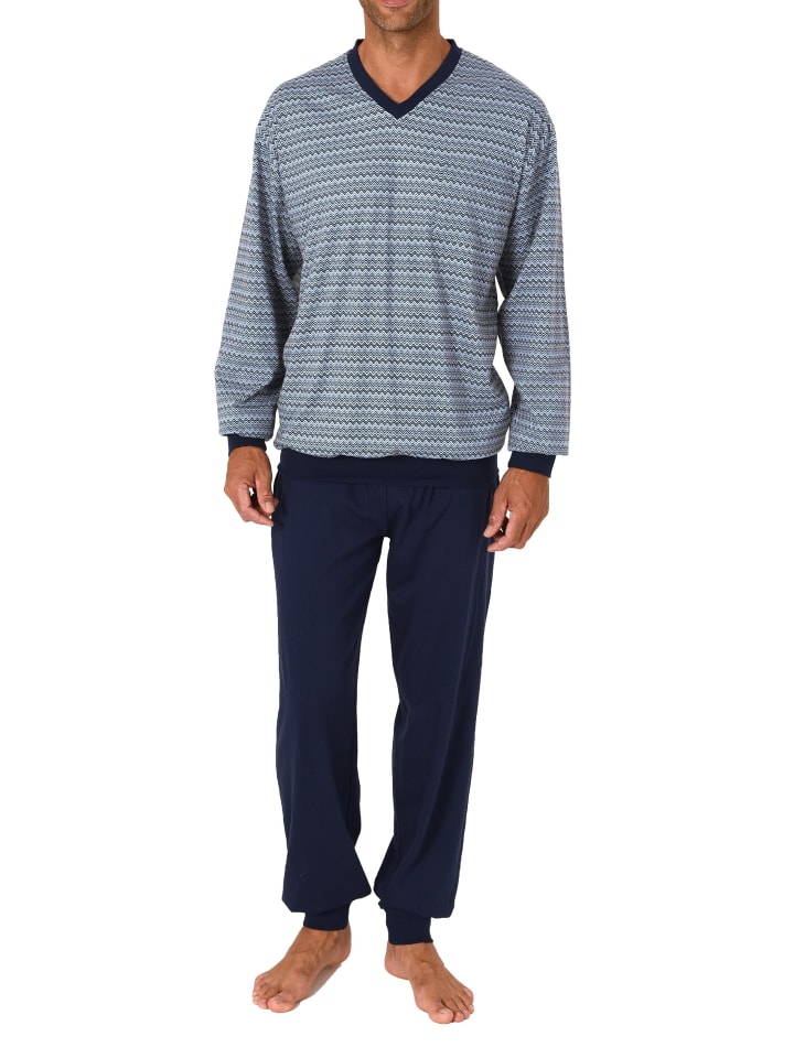 Schlafanzug Pyjama Bündchen grafischen Streifenlook - 75332 in hellblau