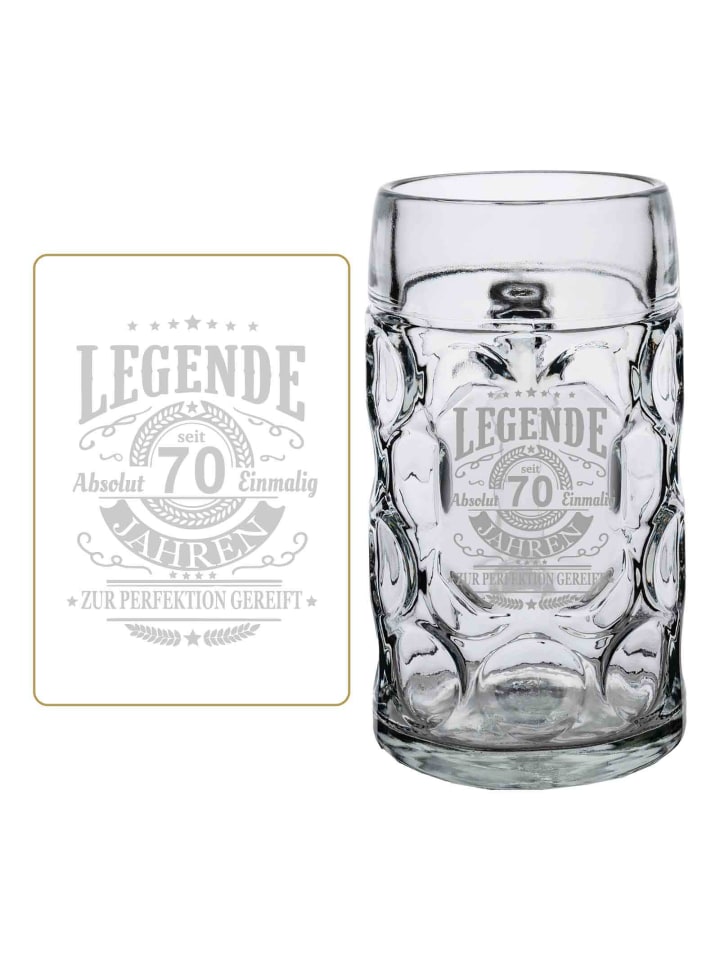 Maßkrug mit Gravur Legende seit 70 Jahren in Transparent 1,0 Liter