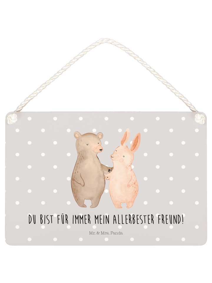 Schild Bär und Hase Umarmen mit Spruch in Grau Pastell