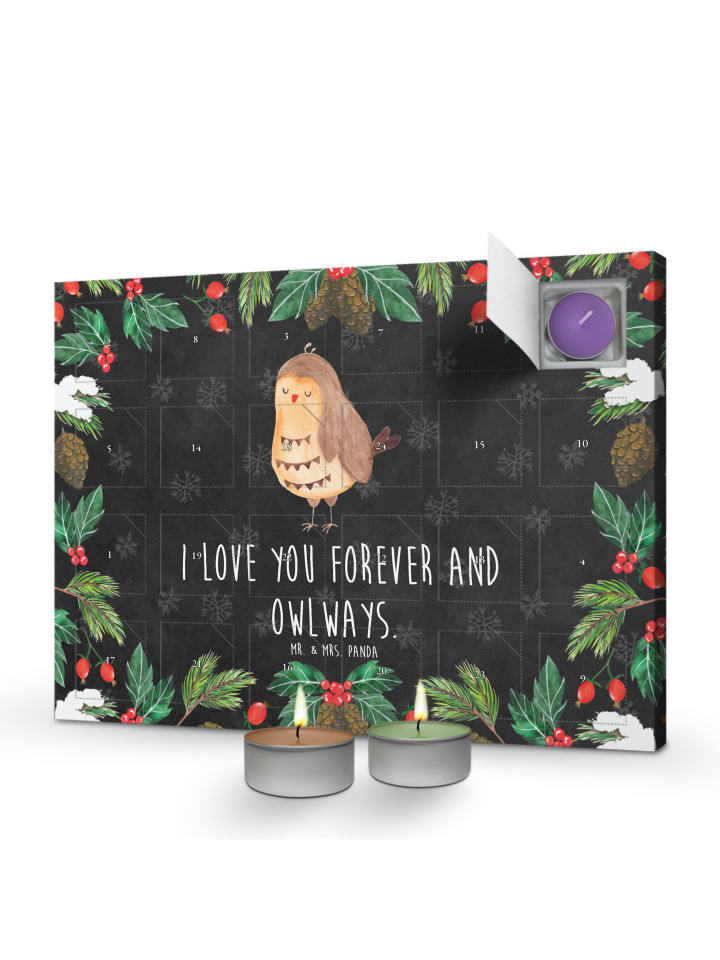 Adventskalender Eule Zufrieden mit Spruch in Kreidetafel