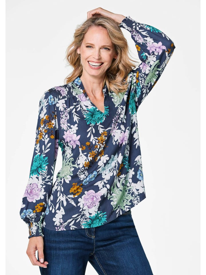 Kurzgröße: Florale Viskosebluse mit Stehkragen in dunkelblau / gemustert