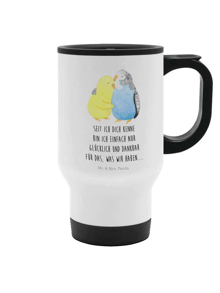 Trinkbecher Wellensittich Liebe mit Spruch in Weiß