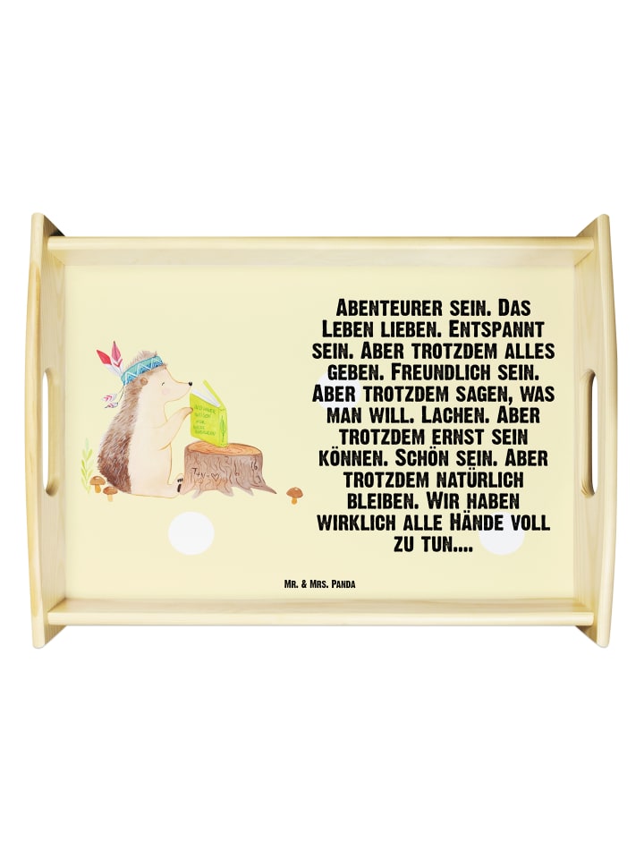 Serviertablett Igel Federschmuck mit Spruch in Gelb Pastell