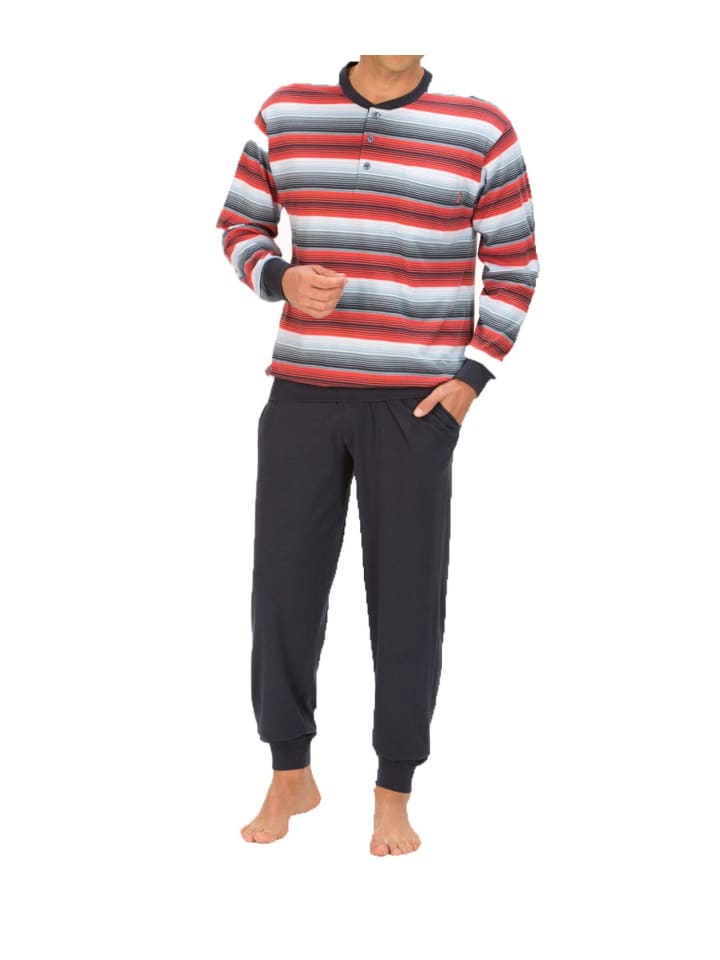 Pyjama Schlafanzug lang Bündchen Streifen - 66807 in rot