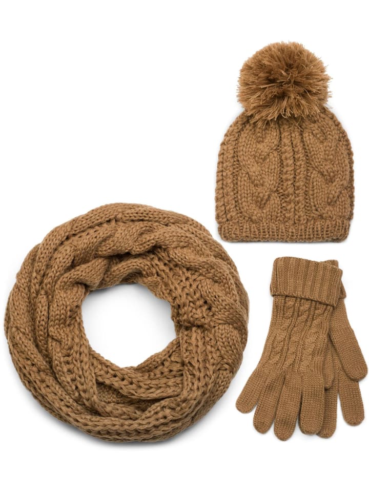styleBREAKER Strick Loop Schal, Mtze und Handschuhe Set in Cognac gnstig  kaufen | limango