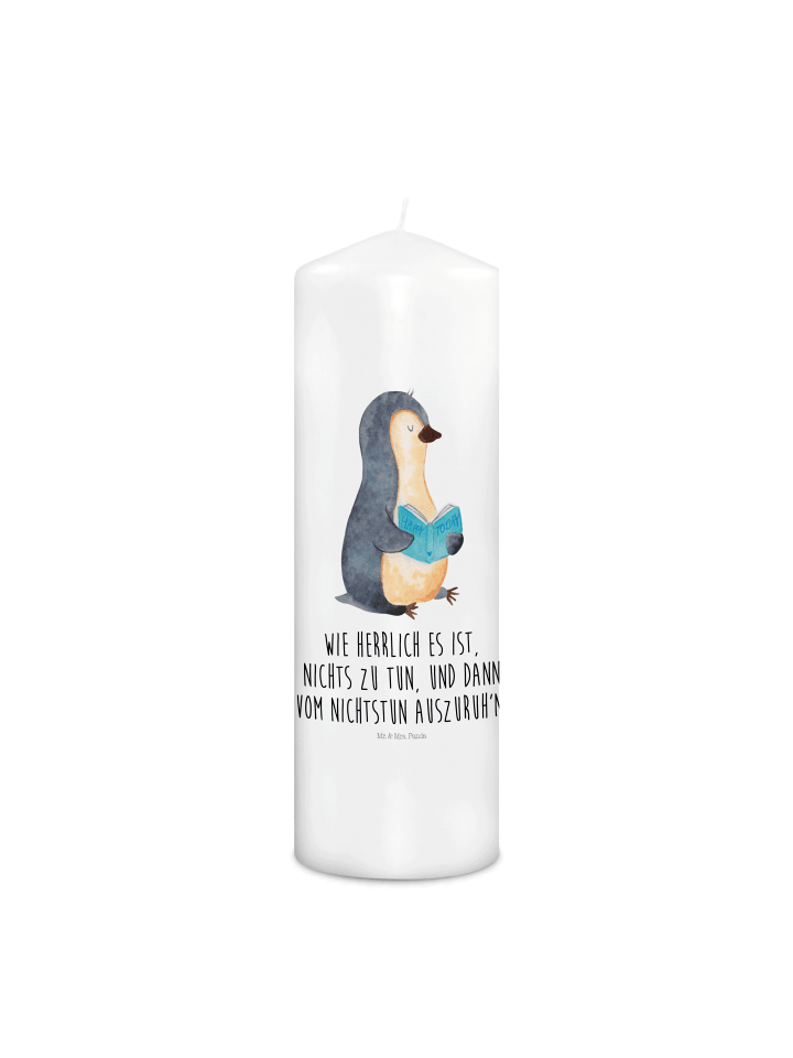 Stumpenkerze Pinguin Buch mit Spruch in Weiß