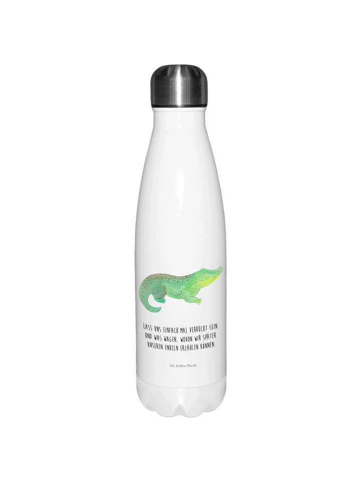 Trinkflasche Edelstahl Krokodil mit Spruch in Weiß