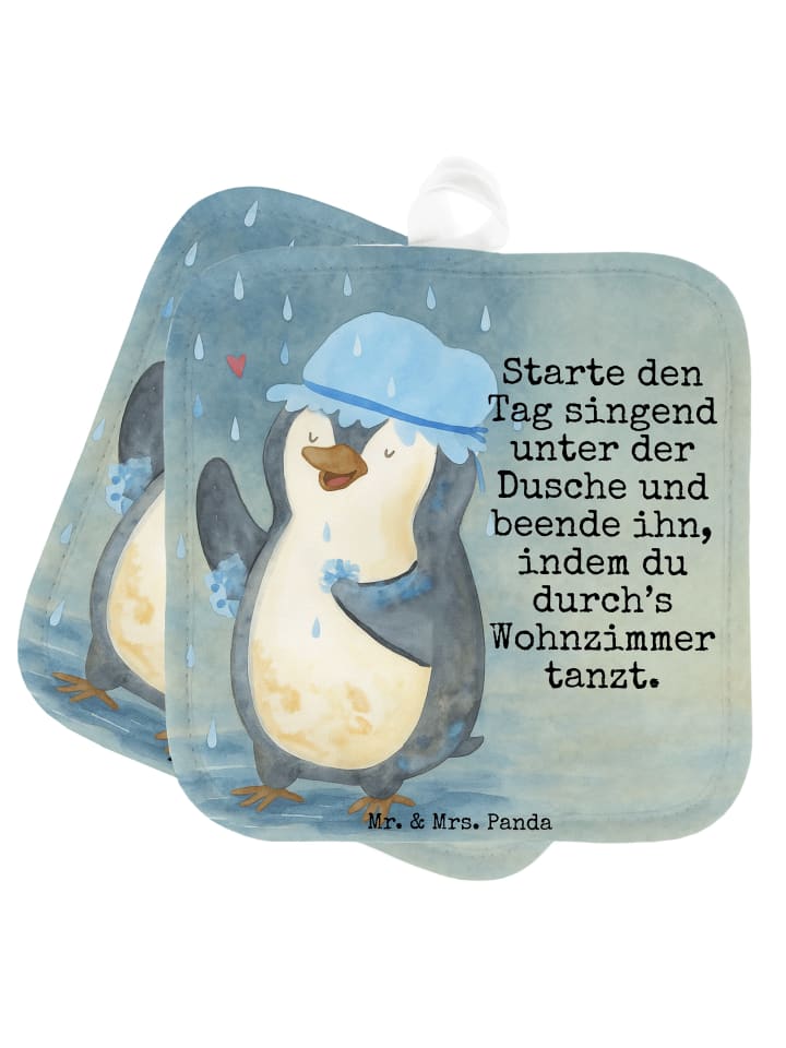 Topflappen Pinguin Duschen Design mit Spruch in Weiß