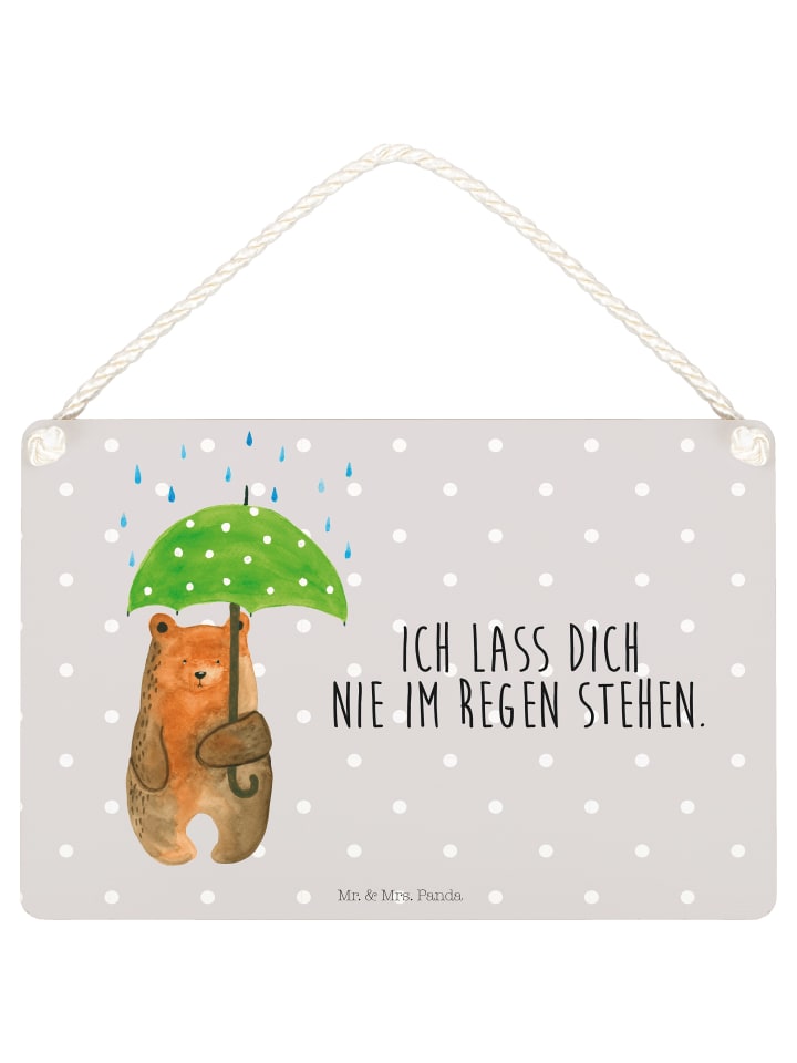 Schild Bär Regenschirm mit Spruch in Grau Pastell