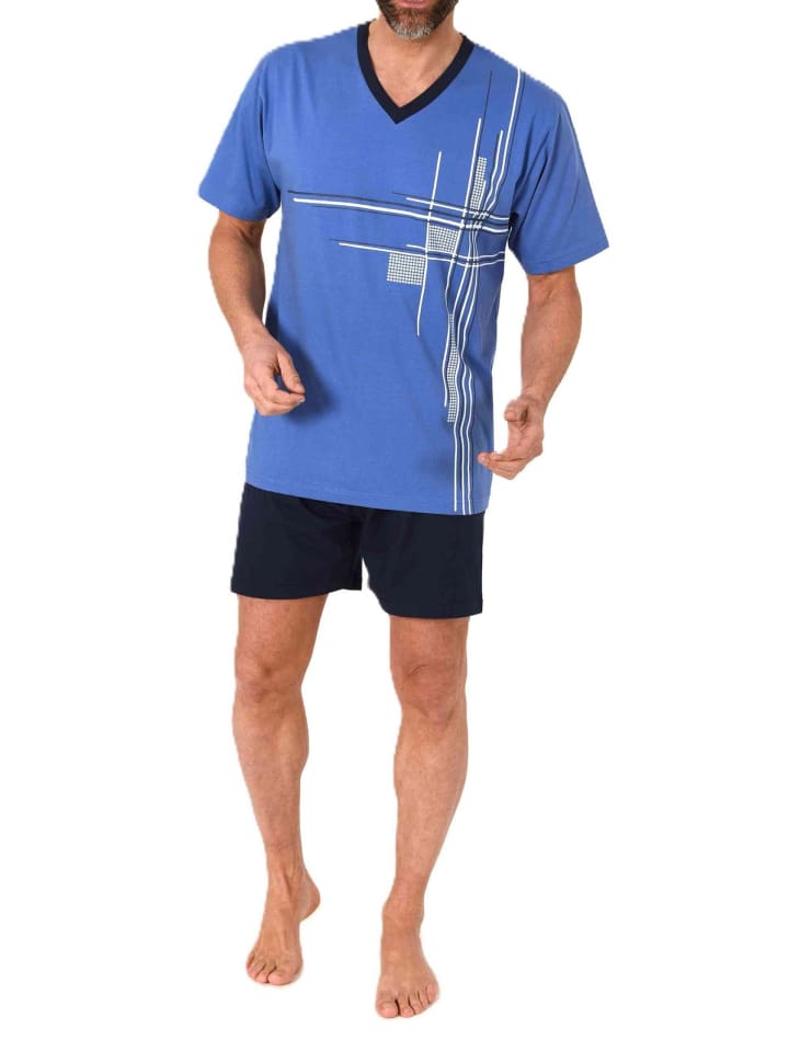 Shorty Schlafanzug kurzarm Pyjama Frontprint Übergrösen in blau