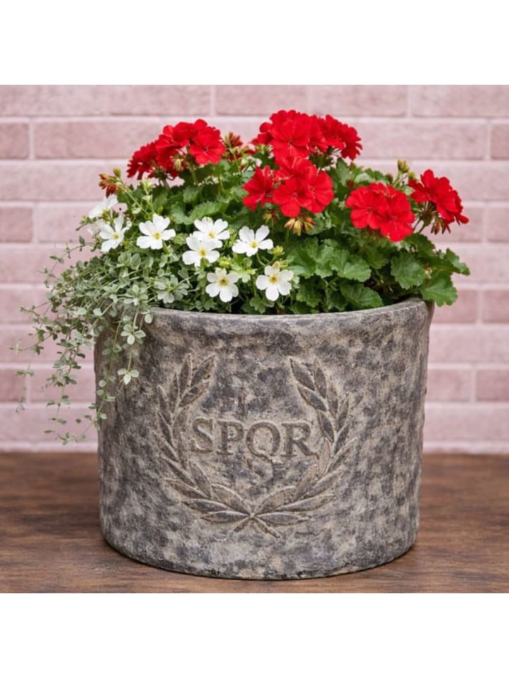 Blumentopf ROMA mit SPQR Wappen Antik Grau Patina Zement 16x15 cm