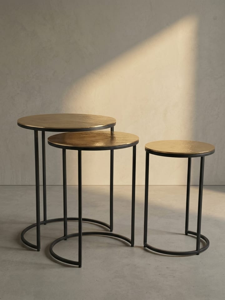 Eleganter Satztisch Metall Rund, 3er Set, Aluminium Gold/Schwarz