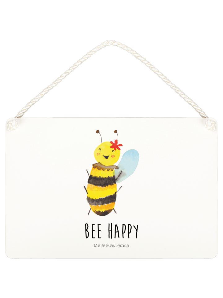 Wandbild Holz Biene Happy mit Spruch in Weiß