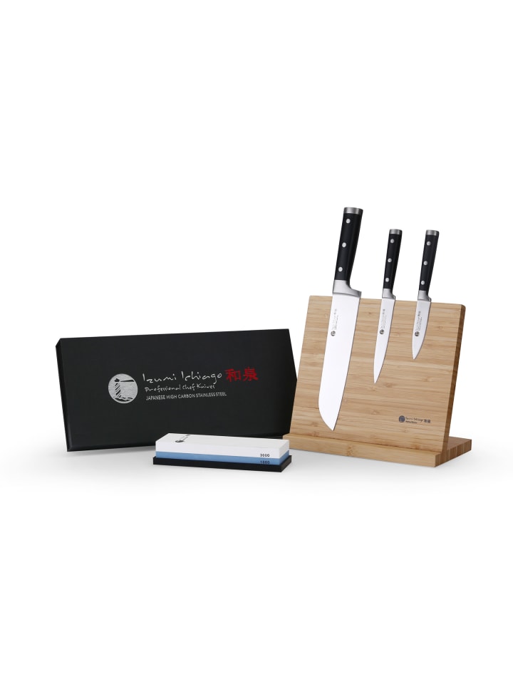 IZUMI ICHIAGO - 3-tlg. Santokumesser-Set+Magnetmesserhalter+Wasserschleifstein