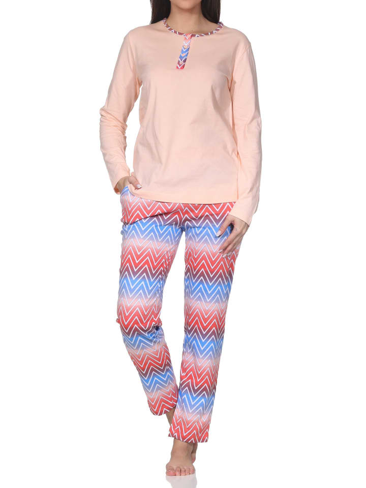 Langarm Schlafanzug Pyjama Übergröße in apricot
