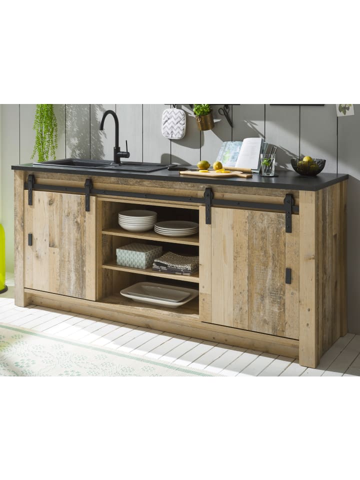 Küchenschrank used wood, anthrazit 201 cm, Unterschrank für Spüle / Kochfeld