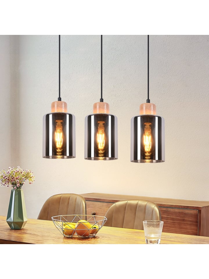 Pendelleuchte 3-flammige E27 in rauchgrau Holz und Glas Vintage
