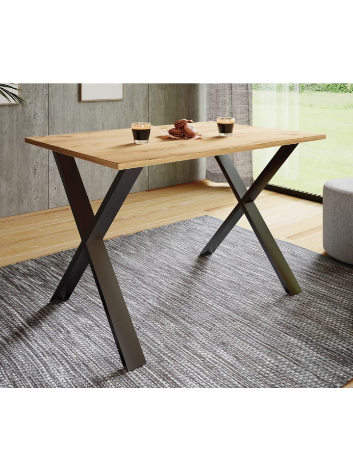 Premium Holz Esstisch Küchentisch Xona X 110x80 in Schwarz / Honig-Eiche