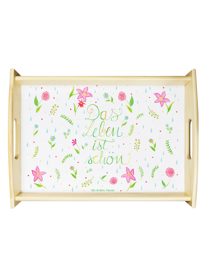 Holz Tablett Blumen Leben mit Spruch in Bunt