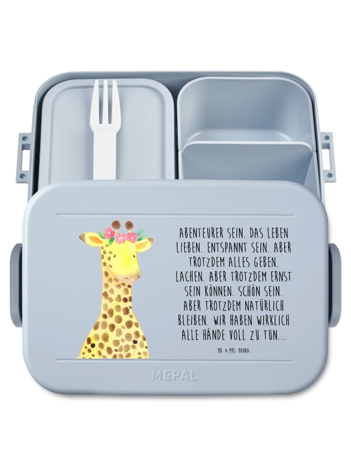 Bentobox Giraffe Blumenkranz Motiv mit Spruch in Blau Pastell