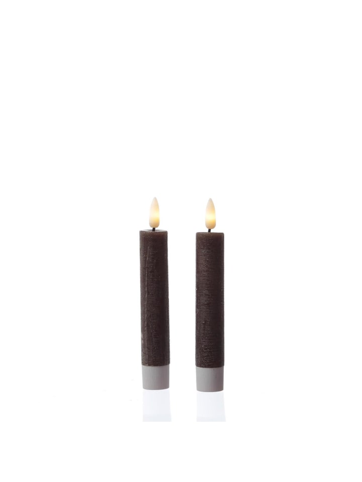 2x LED Stabkerze LINA Rustik-Optik Echtwachs H: 14cm in braun