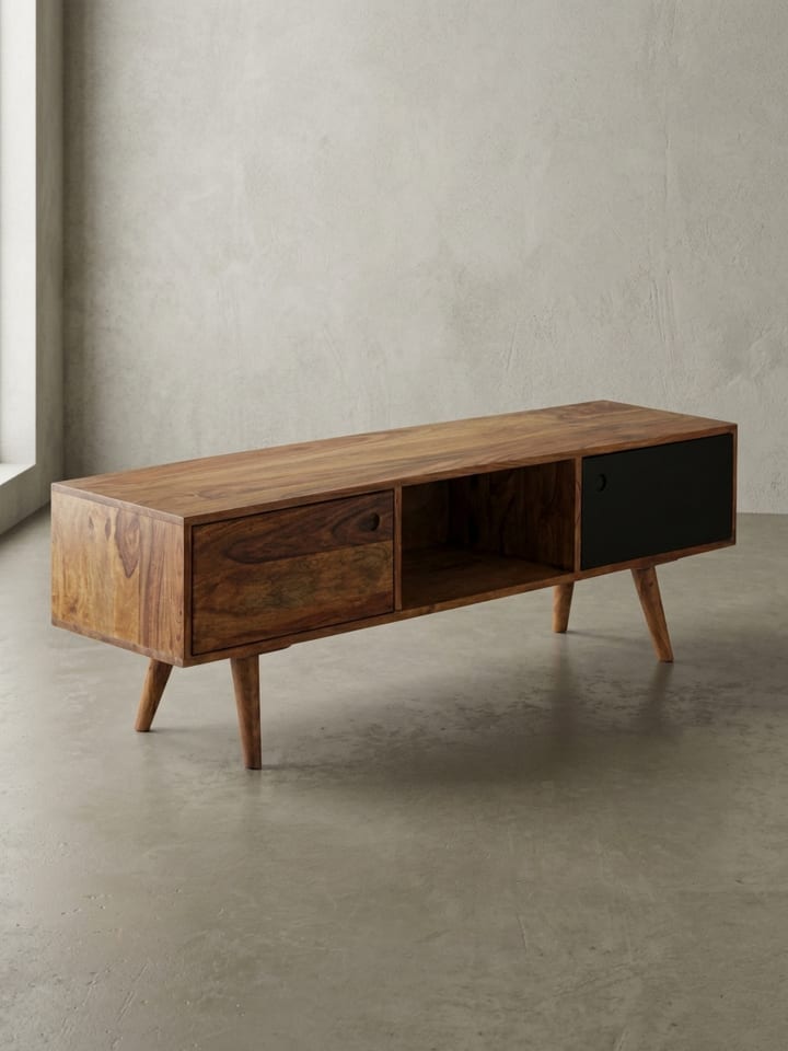 TV Lowboard REPA Massiv-Holz Sheesham Landhaus 2 Türen & Fach in Schwarz