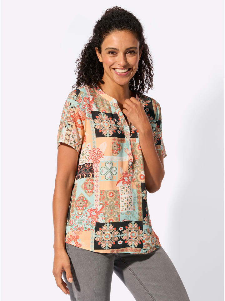 Druckbluse in mint-apricot-bedruckt