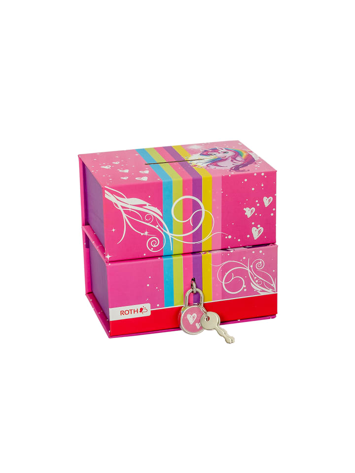 Spardose mit 2 getrennten Boxen mit Magnet und Vorhängeschloss Einhornportait in Rosa