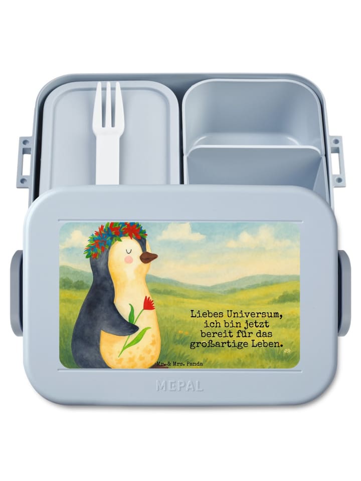 Bento Lunchbox Pinguin Blumen Design mit Spruch in Blau Pastell
