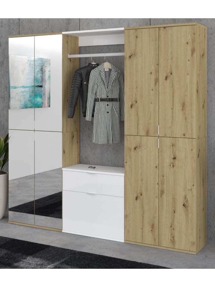 Garderobe Eiche Artisan, weiß Hochglanz 183 cm, Kombination mit 21 Fächern