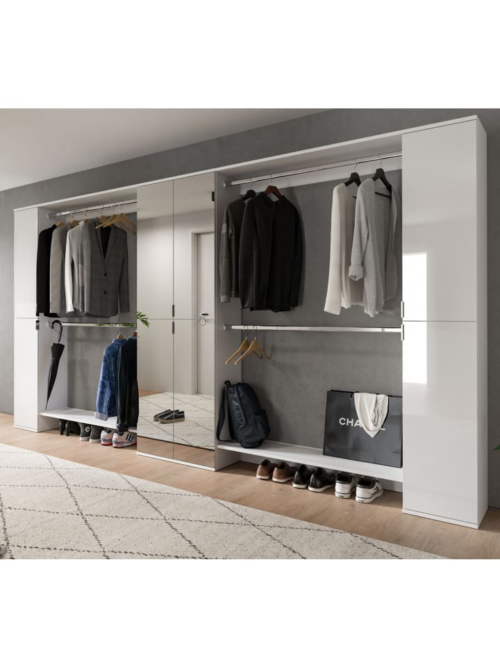 Garderobenschrank weiß Hochglanz 232 cm, Schuhschrank XXL, mit Spiegeltüren