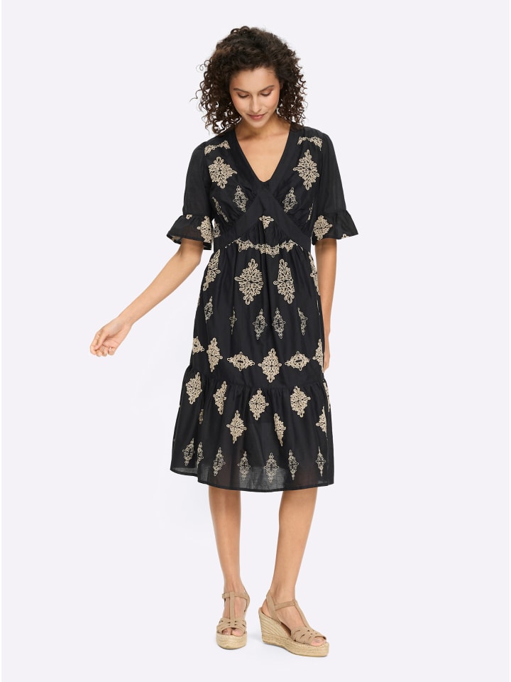 Kleid in schwarz-beige-bedruckt