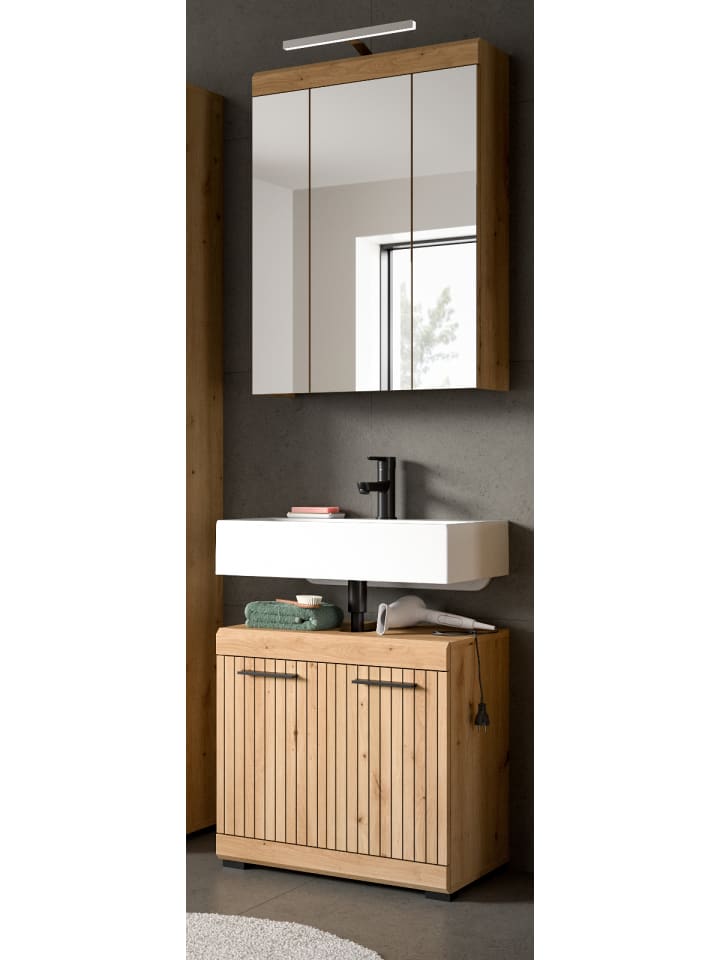 Badmöbel-Set in Eiche Artisan 60 cm 2-teilig, Badschränke mit Rillen-Optik