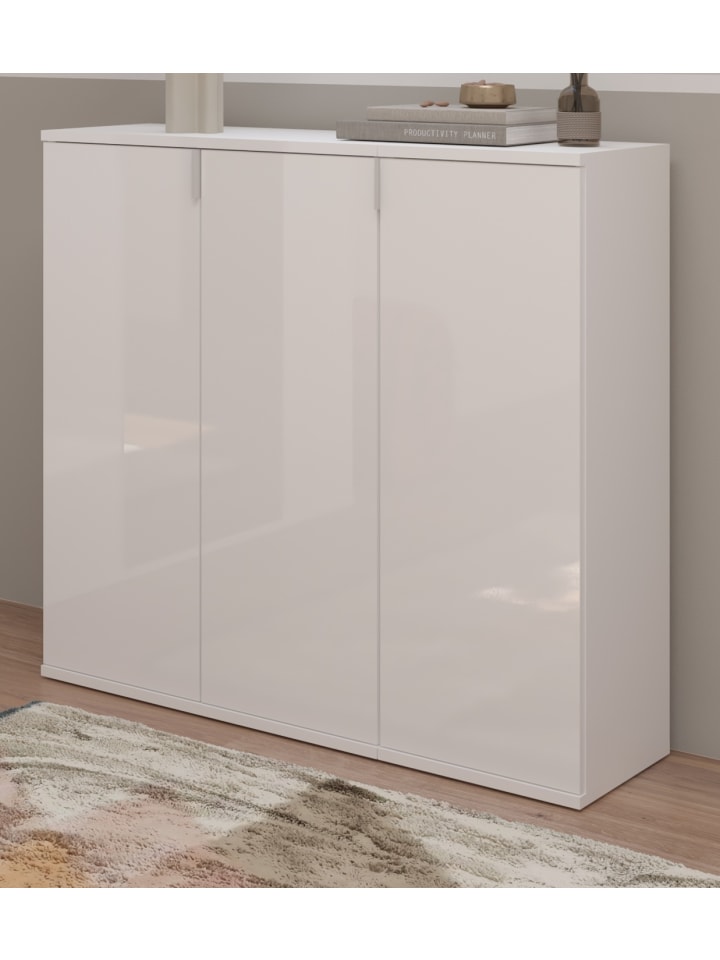 Kommode weiß Hochglanz 91 x 99 cm, Sideboard mit 10 Fächern