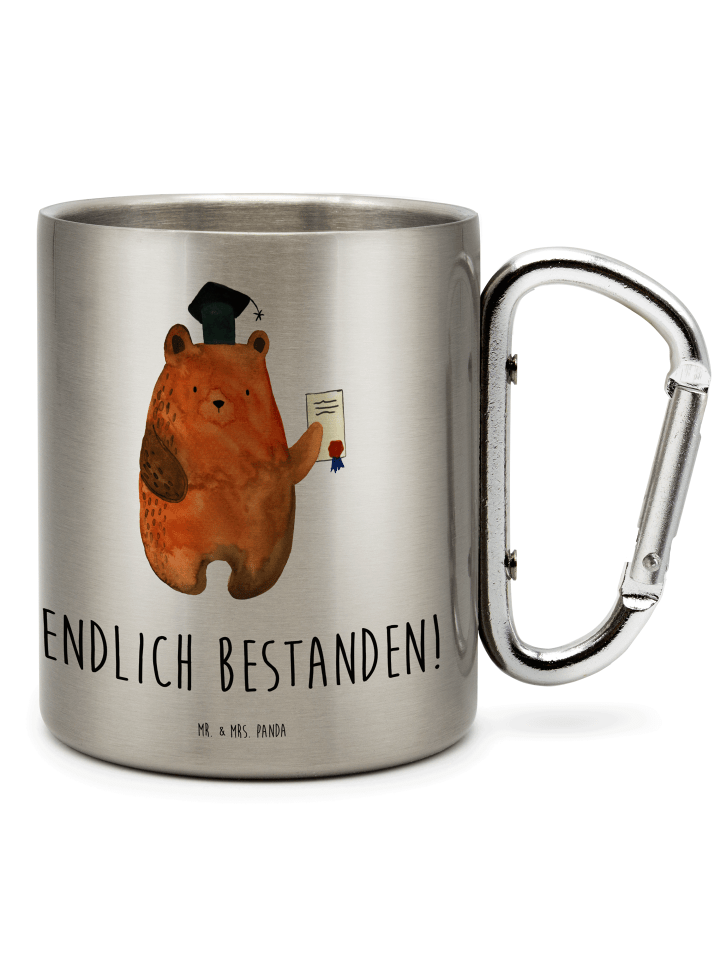 Kaffeetasse Bär Prüfung mit Spruch in Silber