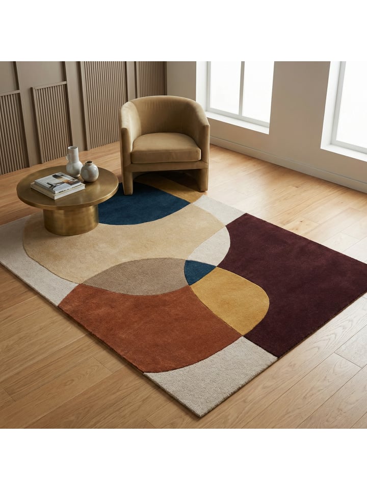Wollteppich Kurzflor AIRE Abstrakt Naturfaser Wohnzimmer in Lila-Terrakotta