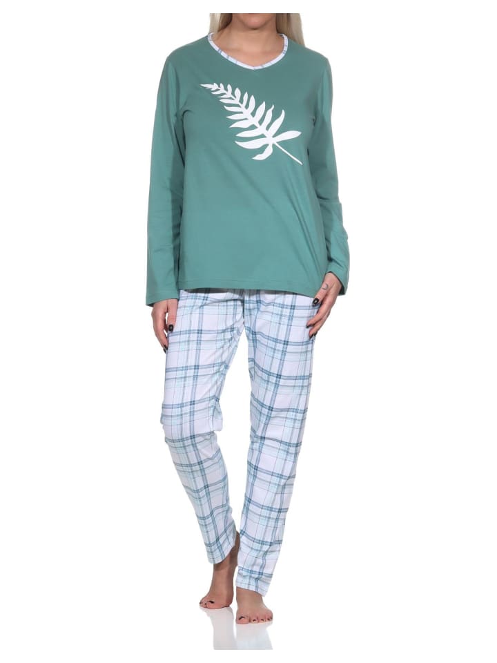 Damen Schlafanzug langarm in tollen Farben mit Karo-Muster - 86312 in blau
