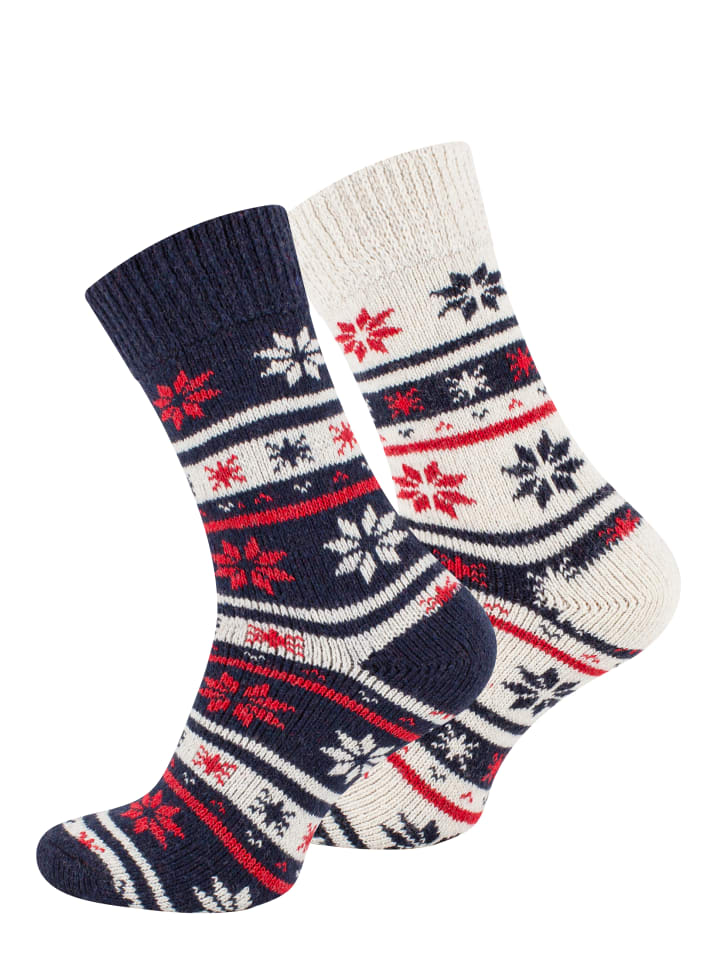 2 Paar Thermosocken Unisex Wintersocken mit Wolle in marine-ecru