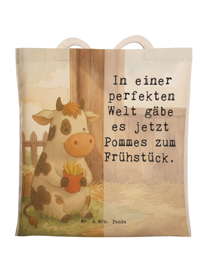 Einkaufstasche Kuh Pommes Design mit Spruch in Weiß