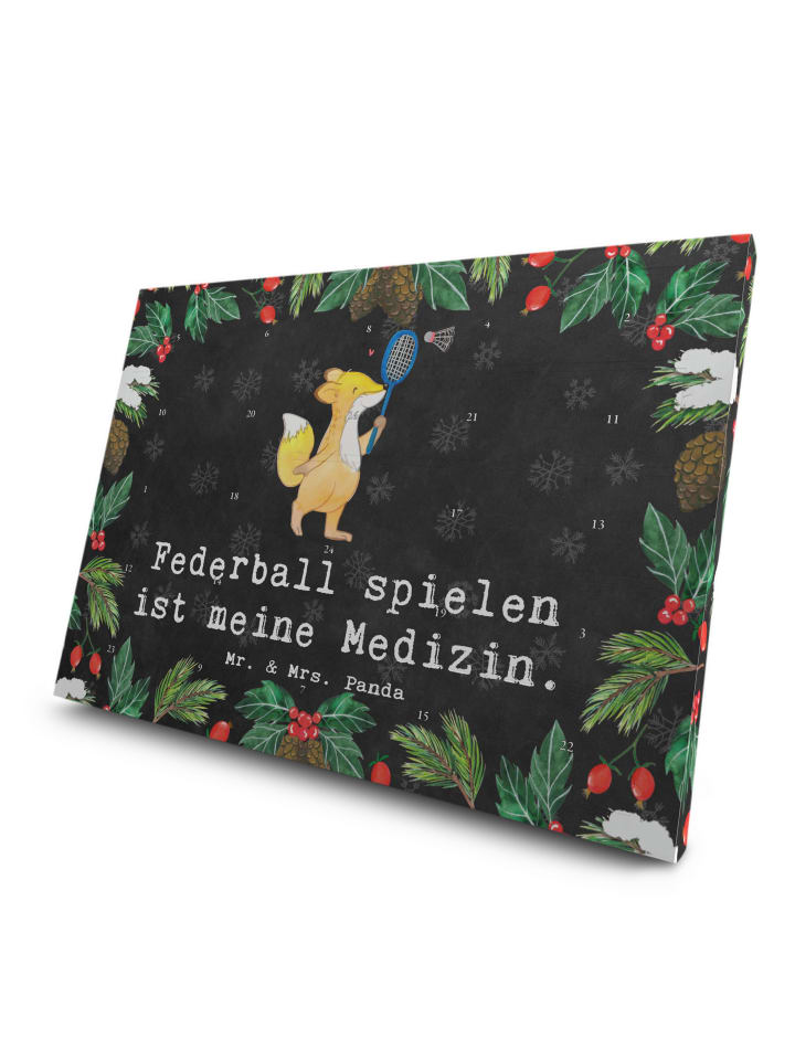 Adventskalender Fuchs Federball spielen mit Spruch in Kreidetafel