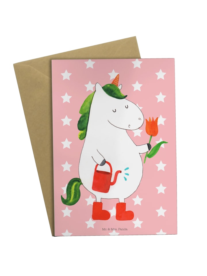 Grußkarte Einhorn Gärtner ohne Spruch in Rot Pastell