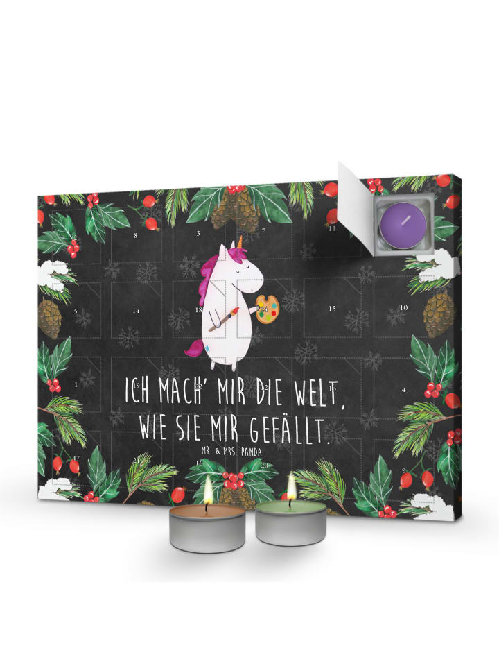 Adventskalender Einhorn Künstler mit Spruch in Kreidetafel