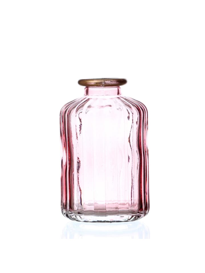 Mini Glas Vase mit Rillen Deko Glasflasche mit Goldrand H: 10cm in rosa